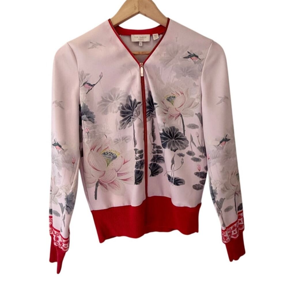 Ted Baker London Floral Bird Print Bomber Jacket Blush Pink Red Zip Size 1